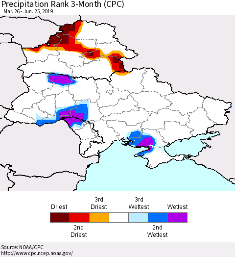 Ukraine, Moldova and Belarus Precipitation Rank 3-Month (CPC) Thematic Map For 3/26/2019 - 6/25/2019