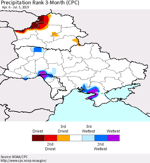 Ukraine, Moldova and Belarus Precipitation Rank since 1981, 3-Month (CPC) Thematic Map For 4/6/2019 - 7/5/2019
