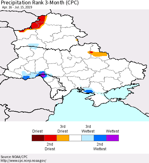 Ukraine, Moldova and Belarus Precipitation Rank since 1981, 3-Month (CPC) Thematic Map For 4/16/2019 - 7/15/2019