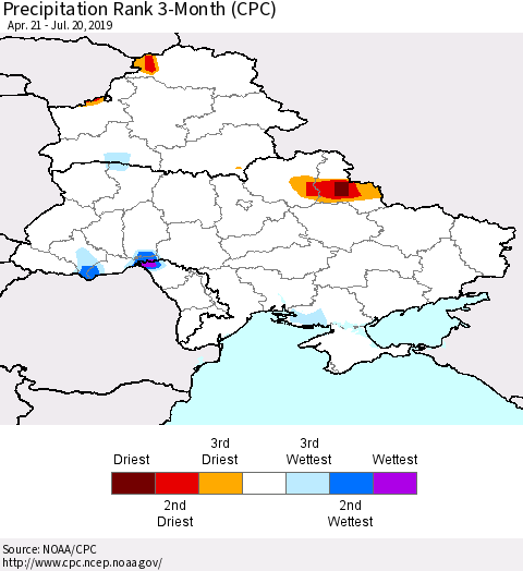 Ukraine, Moldova and Belarus Precipitation Rank 3-Month (CPC) Thematic Map For 4/21/2019 - 7/20/2019