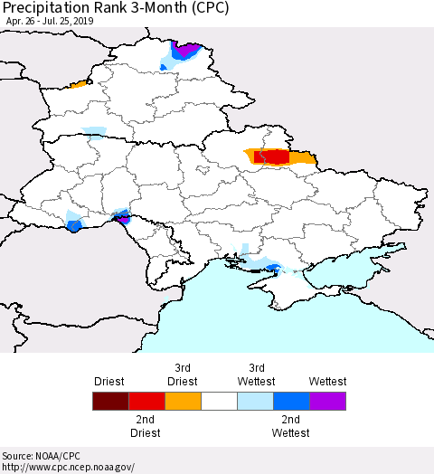 Ukraine, Moldova and Belarus Precipitation Rank 3-Month (CPC) Thematic Map For 4/26/2019 - 7/25/2019