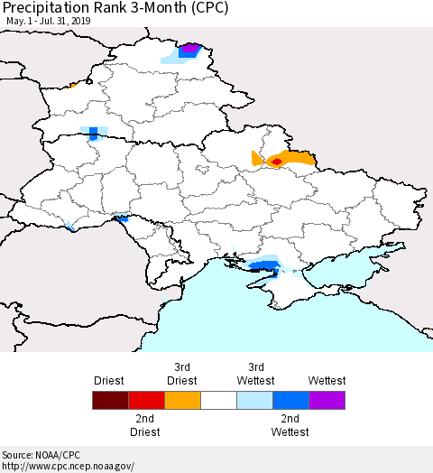 Ukraine, Moldova and Belarus Precipitation Rank since 1981, 3-Month (CPC) Thematic Map For 5/1/2019 - 7/31/2019