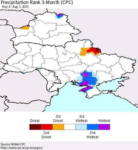 Ukraine, Moldova and Belarus Precipitation Rank 3-Month (CPC) Thematic Map For 5/6/2019 - 8/5/2019