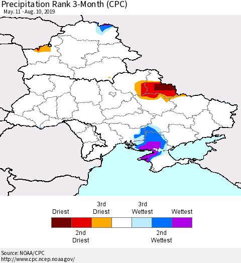 Ukraine, Moldova and Belarus Precipitation Rank 3-Month (CPC) Thematic Map For 5/11/2019 - 8/10/2019