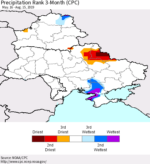 Ukraine, Moldova and Belarus Precipitation Rank since 1981, 3-Month (CPC) Thematic Map For 5/16/2019 - 8/15/2019
