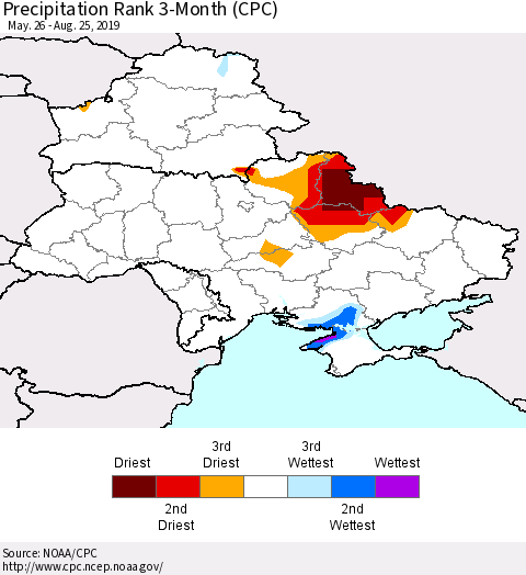 Ukraine, Moldova and Belarus Precipitation Rank since 1981, 3-Month (CPC) Thematic Map For 5/26/2019 - 8/25/2019