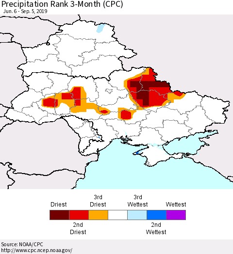 Ukraine, Moldova and Belarus Precipitation Rank 3-Month (CPC) Thematic Map For 6/6/2019 - 9/5/2019