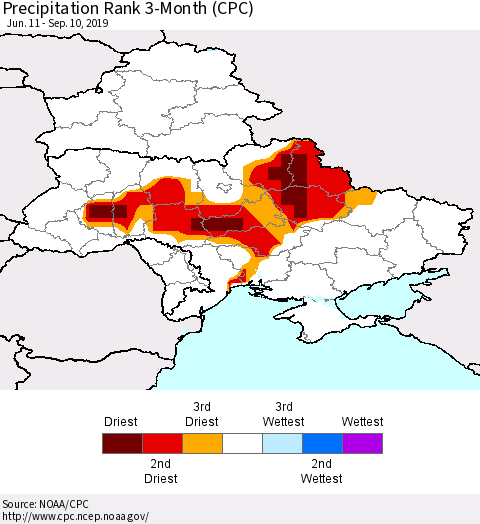Ukraine, Moldova and Belarus Precipitation Rank 3-Month (CPC) Thematic Map For 6/11/2019 - 9/10/2019