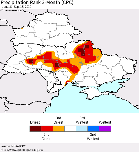 Ukraine, Moldova and Belarus Precipitation Rank 3-Month (CPC) Thematic Map For 6/16/2019 - 9/15/2019