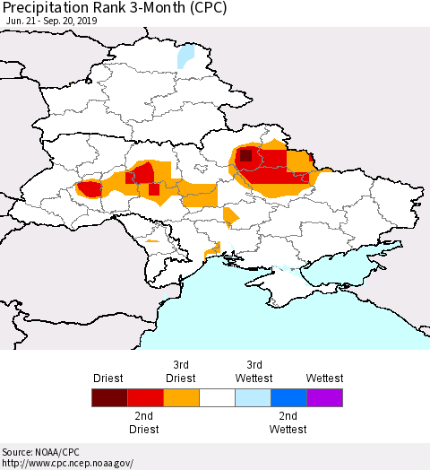 Ukraine, Moldova and Belarus Precipitation Rank 3-Month (CPC) Thematic Map For 6/21/2019 - 9/20/2019
