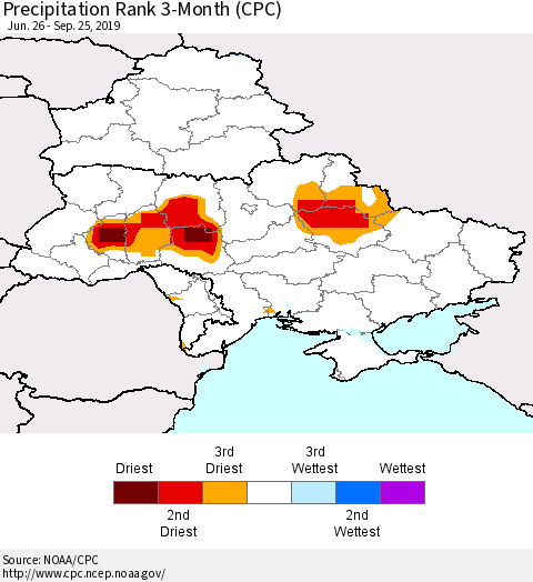 Ukraine, Moldova and Belarus Precipitation Rank 3-Month (CPC) Thematic Map For 6/26/2019 - 9/25/2019