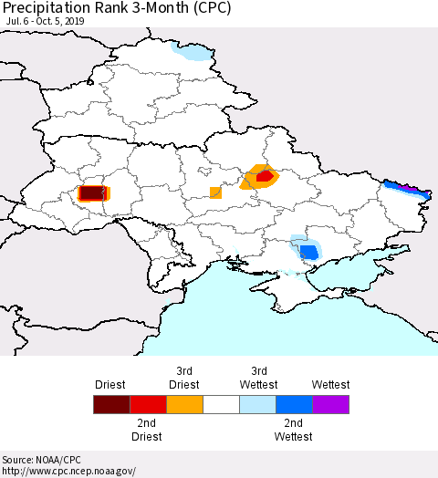 Ukraine, Moldova and Belarus Precipitation Rank since 1981, 3-Month (CPC) Thematic Map For 7/6/2019 - 10/5/2019