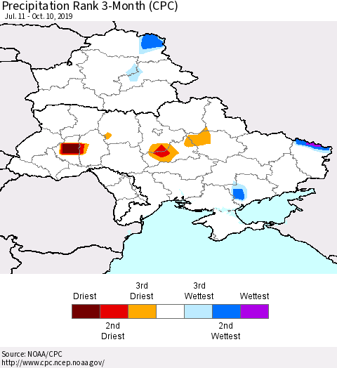 Ukraine, Moldova and Belarus Precipitation Rank since 1981, 3-Month (CPC) Thematic Map For 7/11/2019 - 10/10/2019