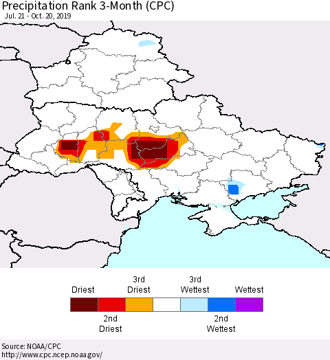 Ukraine, Moldova and Belarus Precipitation Rank 3-Month (CPC) Thematic Map For 7/21/2019 - 10/20/2019