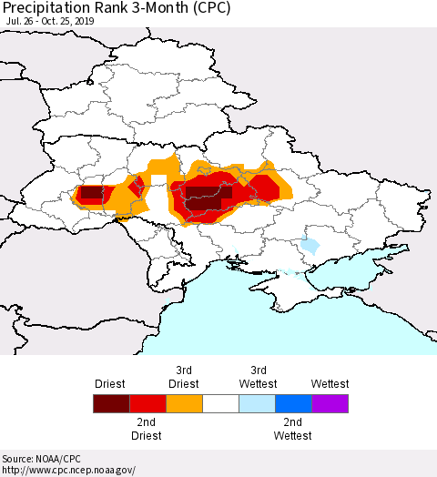Ukraine, Moldova and Belarus Precipitation Rank 3-Month (CPC) Thematic Map For 7/26/2019 - 10/25/2019