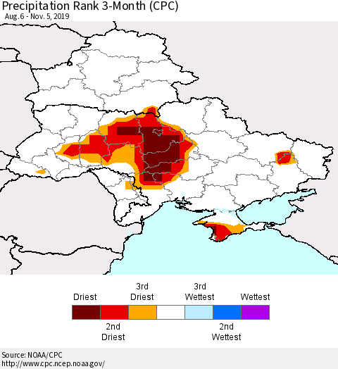 Ukraine, Moldova and Belarus Precipitation Rank 3-Month (CPC) Thematic Map For 8/6/2019 - 11/5/2019