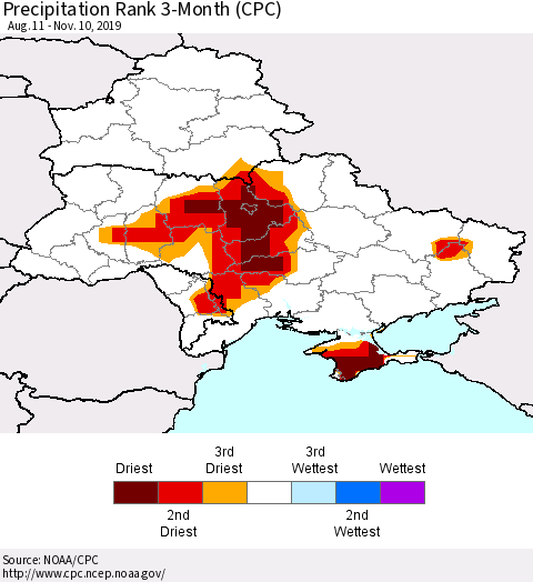 Ukraine, Moldova and Belarus Precipitation Rank 3-Month (CPC) Thematic Map For 8/11/2019 - 11/10/2019