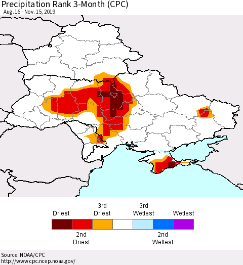 Ukraine, Moldova and Belarus Precipitation Rank 3-Month (CPC) Thematic Map For 8/16/2019 - 11/15/2019