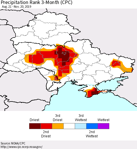 Ukraine, Moldova and Belarus Precipitation Rank 3-Month (CPC) Thematic Map For 8/21/2019 - 11/20/2019