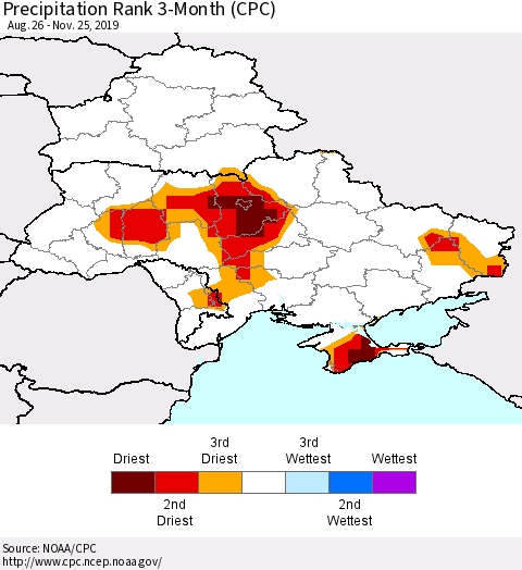 Ukraine, Moldova and Belarus Precipitation Rank since 1981, 3-Month (CPC) Thematic Map For 8/26/2019 - 11/25/2019