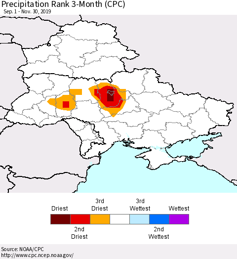 Ukraine, Moldova and Belarus Precipitation Rank 3-Month (CPC) Thematic Map For 9/1/2019 - 11/30/2019