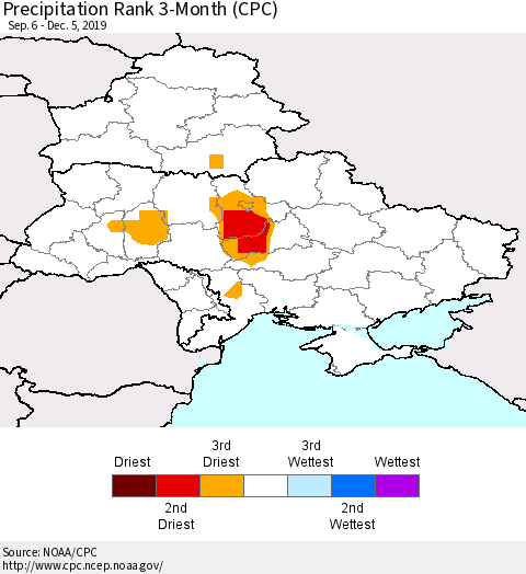 Ukraine, Moldova and Belarus Precipitation Rank 3-Month (CPC) Thematic Map For 9/6/2019 - 12/5/2019