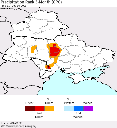 Ukraine, Moldova and Belarus Precipitation Rank 3-Month (CPC) Thematic Map For 9/11/2019 - 12/10/2019
