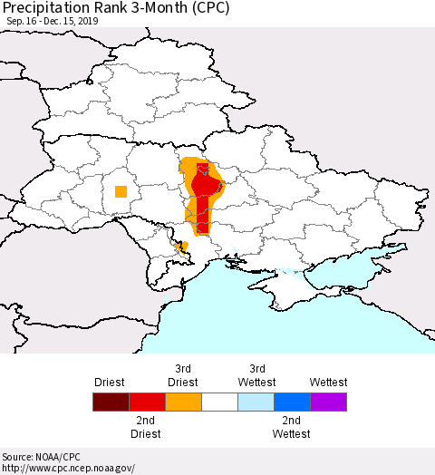 Ukraine, Moldova and Belarus Precipitation Rank since 1981, 3-Month (CPC) Thematic Map For 9/16/2019 - 12/15/2019