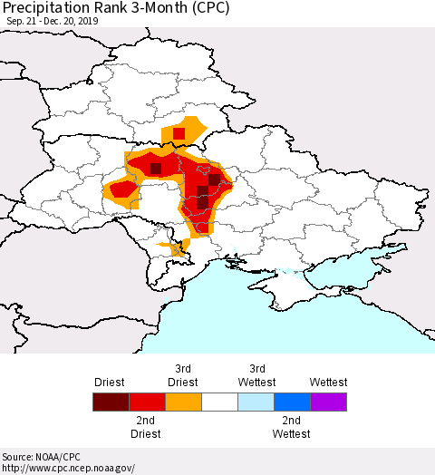 Ukraine, Moldova and Belarus Precipitation Rank 3-Month (CPC) Thematic Map For 9/21/2019 - 12/20/2019