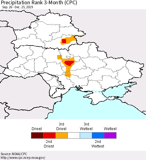 Ukraine, Moldova and Belarus Precipitation Rank since 1981, 3-Month (CPC) Thematic Map For 9/26/2019 - 12/25/2019