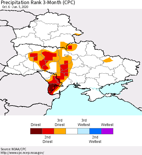Ukraine, Moldova and Belarus Precipitation Rank 3-Month (CPC) Thematic Map For 10/6/2019 - 1/5/2020
