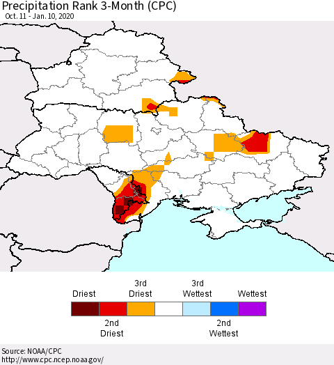Ukraine, Moldova and Belarus Precipitation Rank 3-Month (CPC) Thematic Map For 10/11/2019 - 1/10/2020