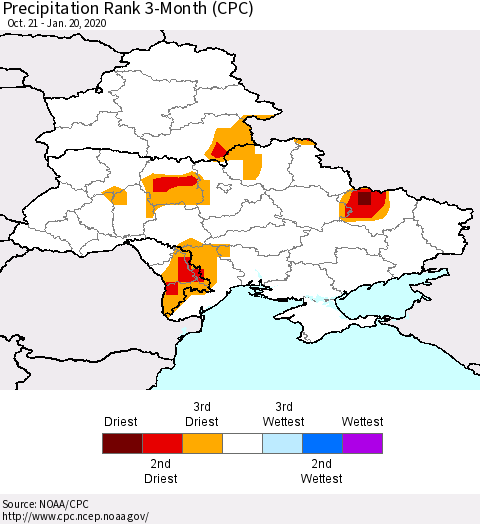 Ukraine, Moldova and Belarus Precipitation Rank 3-Month (CPC) Thematic Map For 10/21/2019 - 1/20/2020