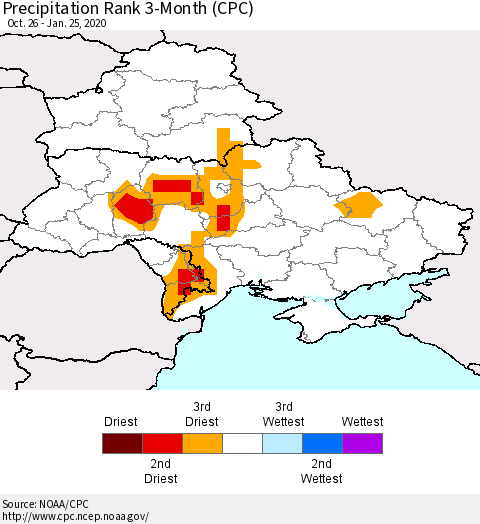 Ukraine, Moldova and Belarus Precipitation Rank 3-Month (CPC) Thematic Map For 10/26/2019 - 1/25/2020