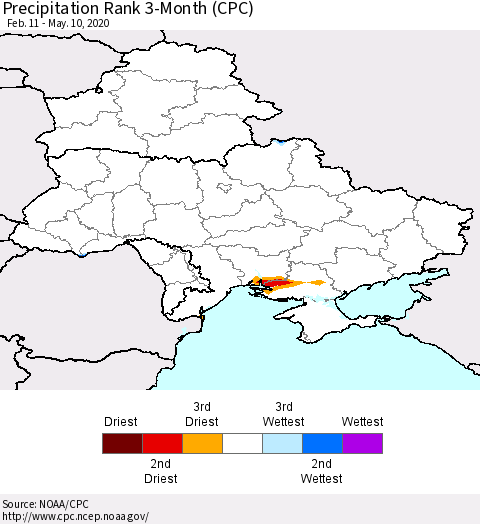 Ukraine, Moldova and Belarus Precipitation Rank 3-Month (CPC) Thematic Map For 2/11/2020 - 5/10/2020