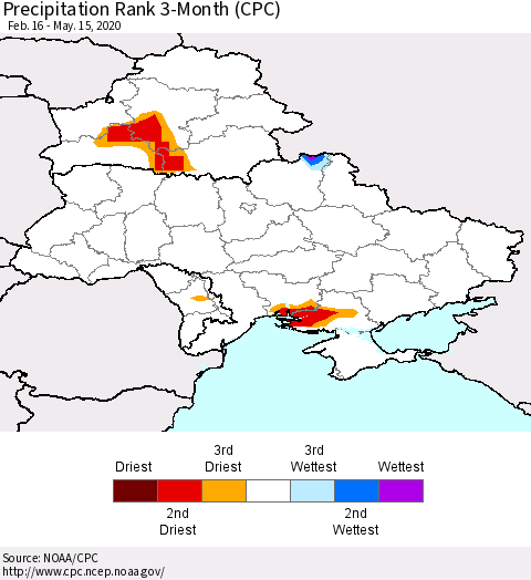 Ukraine, Moldova and Belarus Precipitation Rank 3-Month (CPC) Thematic Map For 2/16/2020 - 5/15/2020
