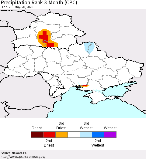 Ukraine, Moldova and Belarus Precipitation Rank 3-Month (CPC) Thematic Map For 2/21/2020 - 5/20/2020