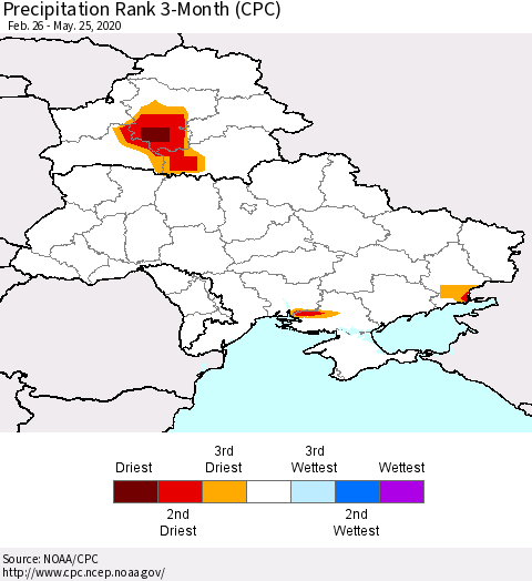 Ukraine, Moldova and Belarus Precipitation Rank 3-Month (CPC) Thematic Map For 2/26/2020 - 5/25/2020