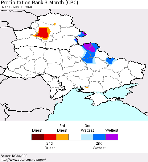 Ukraine, Moldova and Belarus Precipitation Rank 3-Month (CPC) Thematic Map For 3/1/2020 - 5/31/2020