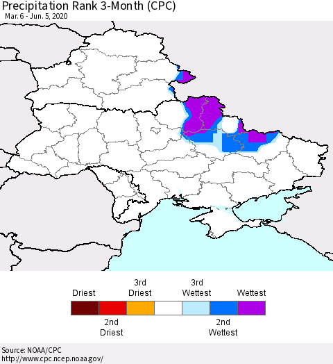 Ukraine, Moldova and Belarus Precipitation Rank since 1981, 3-Month (CPC) Thematic Map For 3/6/2020 - 6/5/2020