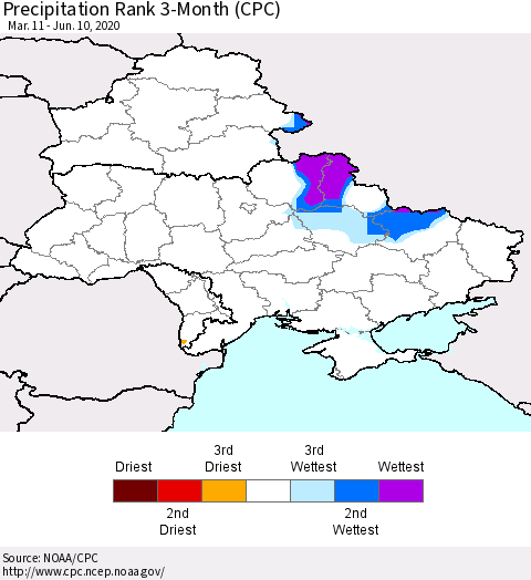Ukraine, Moldova and Belarus Precipitation Rank 3-Month (CPC) Thematic Map For 3/11/2020 - 6/10/2020