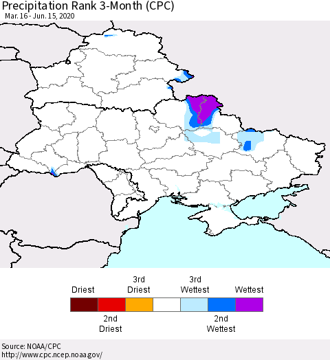 Ukraine, Moldova and Belarus Precipitation Rank 3-Month (CPC) Thematic Map For 3/16/2020 - 6/15/2020