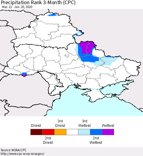 Ukraine, Moldova and Belarus Precipitation Rank 3-Month (CPC) Thematic Map For 3/21/2020 - 6/20/2020
