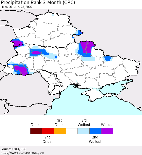 Ukraine, Moldova and Belarus Precipitation Rank since 1981, 3-Month (CPC) Thematic Map For 3/26/2020 - 6/25/2020