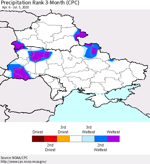 Ukraine, Moldova and Belarus Precipitation Rank 3-Month (CPC) Thematic Map For 4/6/2020 - 7/5/2020