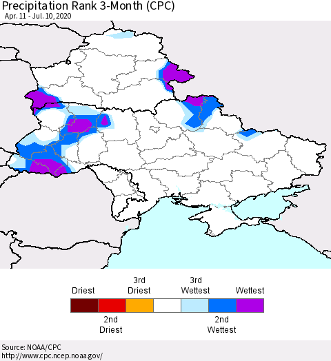 Ukraine, Moldova and Belarus Precipitation Rank since 1981, 3-Month (CPC) Thematic Map For 4/11/2020 - 7/10/2020