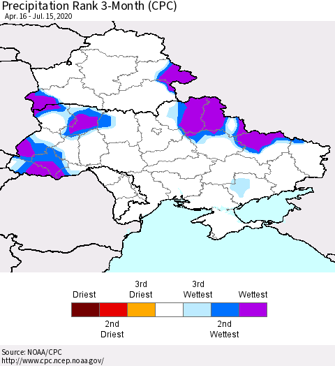 Ukraine, Moldova and Belarus Precipitation Rank 3-Month (CPC) Thematic Map For 4/16/2020 - 7/15/2020