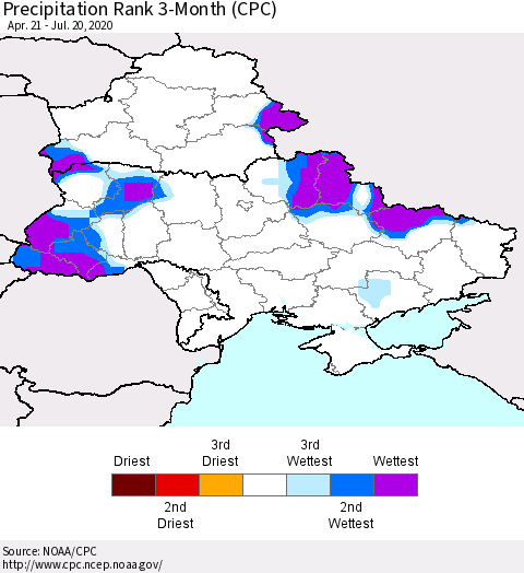 Ukraine, Moldova and Belarus Precipitation Rank 3-Month (CPC) Thematic Map For 4/21/2020 - 7/20/2020