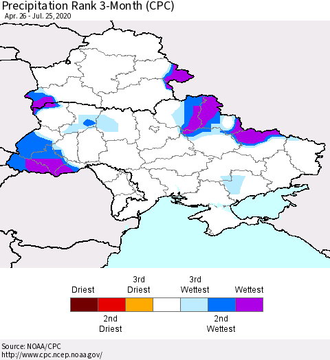 Ukraine, Moldova and Belarus Precipitation Rank since 1981, 3-Month (CPC) Thematic Map For 4/26/2020 - 7/25/2020