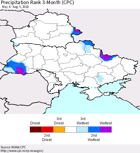 Ukraine, Moldova and Belarus Precipitation Rank 3-Month (CPC) Thematic Map For 5/6/2020 - 8/5/2020